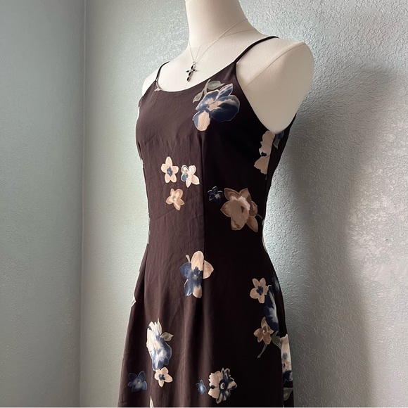 Vintage 90s Indie Brown Floral Slip Dress Spaghetti Strap Maxi Sense USA Size S - Picture 4 of 11